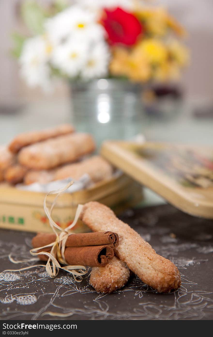 Sugar coated shortbread cookies with the cinnamon stick. Sugar coated shortbread cookies with the cinnamon stick