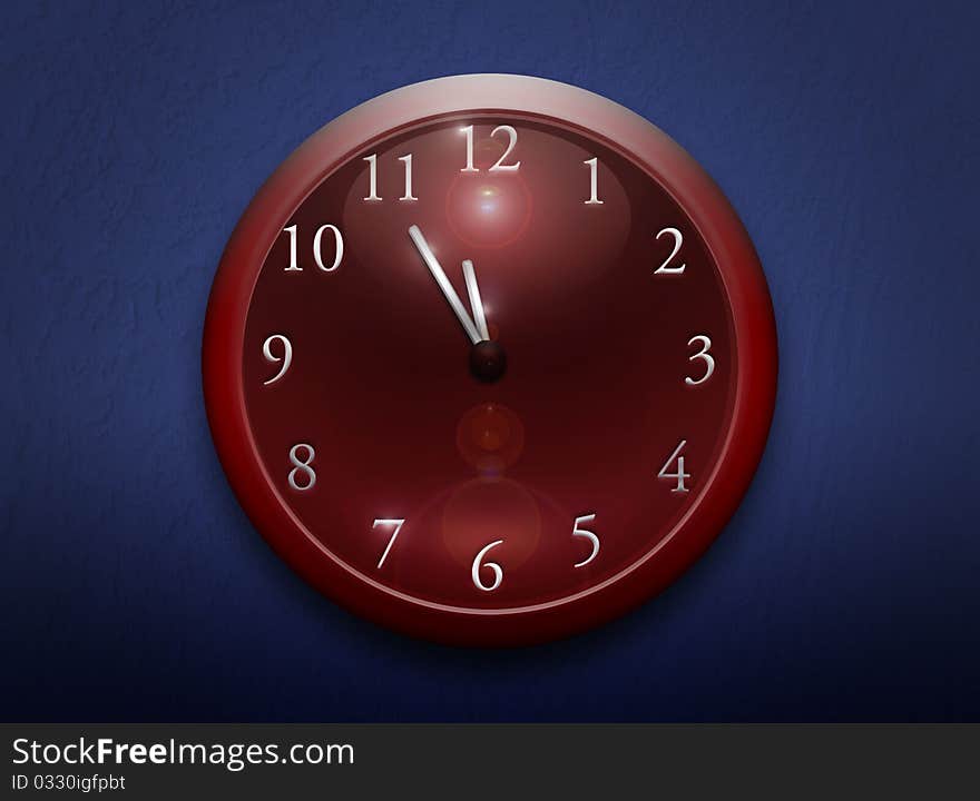 Red clock pointing 5 before twelfe on a blue background. Red clock pointing 5 before twelfe on a blue background