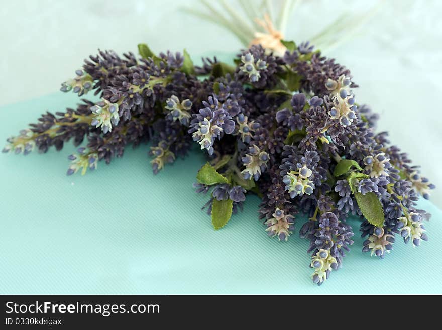 Still Life of bouquet of purple flowers on blue background. Still Life of bouquet of purple flowers on blue background