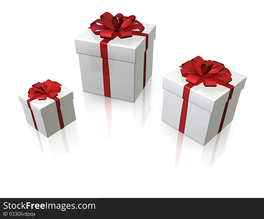 White gift boxes with red bow, isolated with clipping path. White gift boxes with red bow, isolated with clipping path