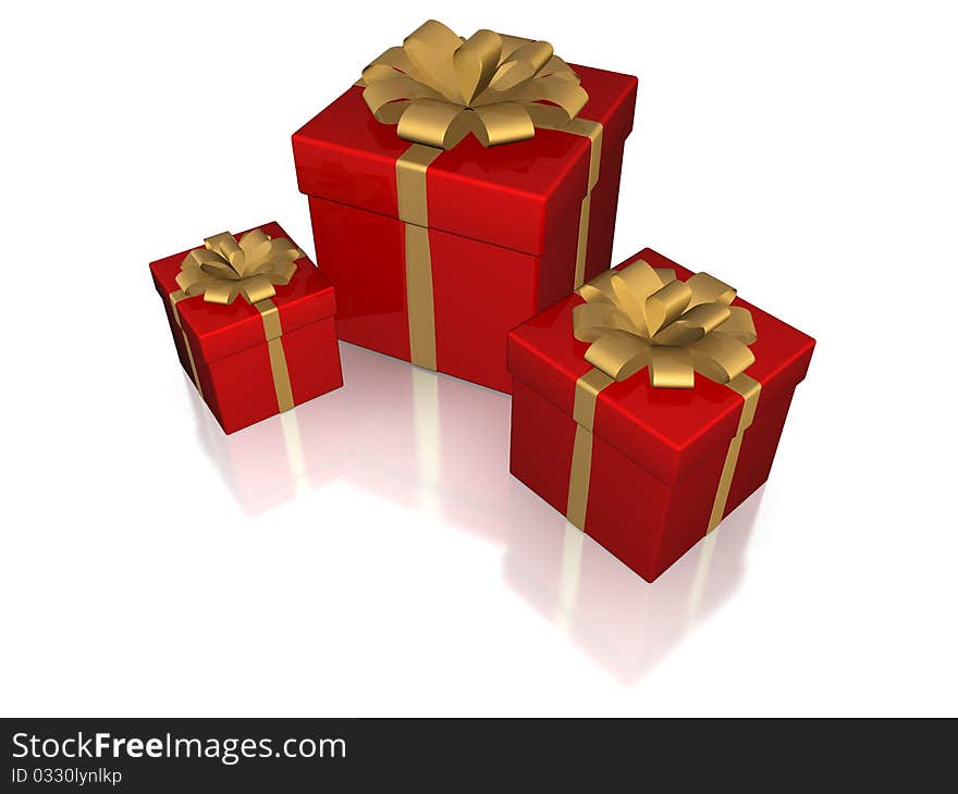 Red gift boxes with golden bow, isolated with clipping path. Red gift boxes with golden bow, isolated with clipping path