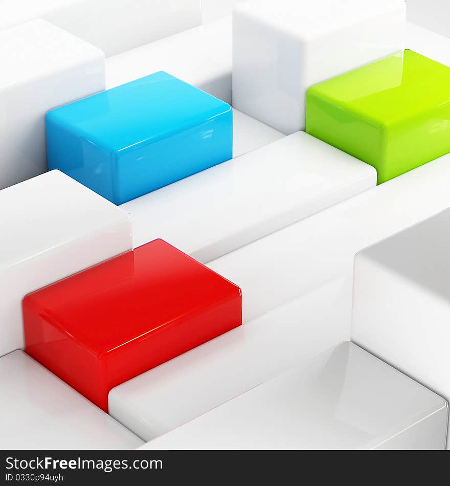 Abstraction with an array of white cubes, one red, blue and green. Abstraction with an array of white cubes, one red, blue and green