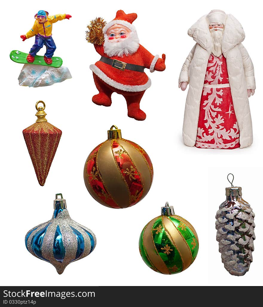 A set of old Christmas balls and toys: snowboarder figure, Santa Claus and Russian Father Frost. A set of old Christmas balls and toys: snowboarder figure, Santa Claus and Russian Father Frost