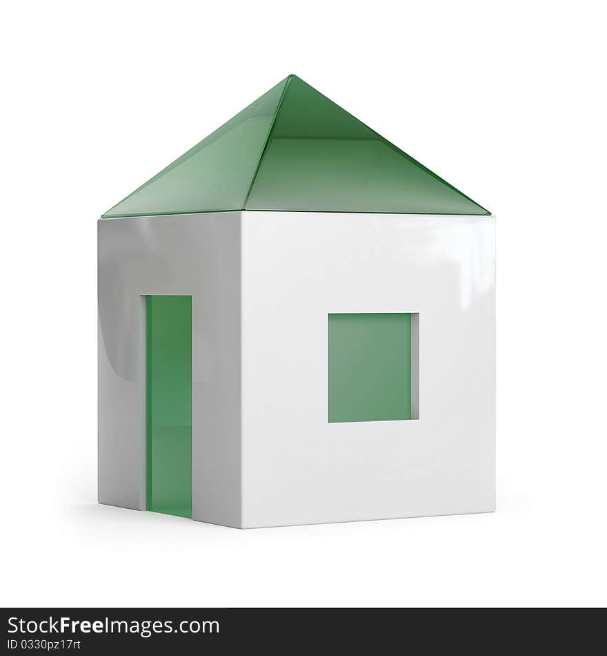 A simple house with a green roof, window and door, isolated on a white background. A simple house with a green roof, window and door, isolated on a white background