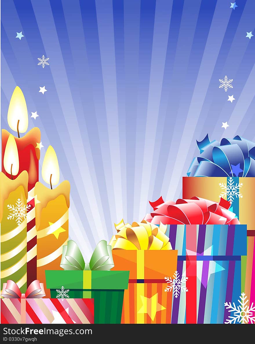 Gift boxes and burning candles on a shining background. Gift boxes and burning candles on a shining background