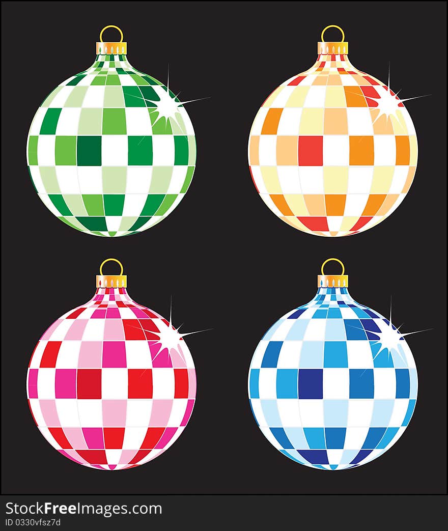 Four sparkling original Christmas ball isolated on black. Four sparkling original Christmas ball isolated on black