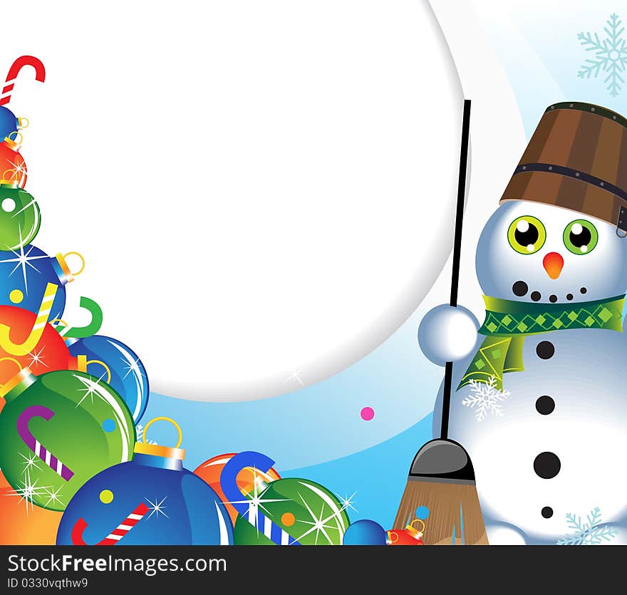 Snowman in a green scarf and a heap of Christmas-tree decorations. Snowman in a green scarf and a heap of Christmas-tree decorations