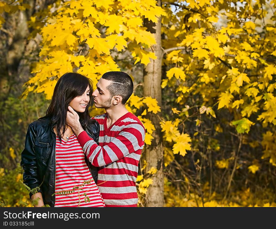 Couple of young lovers are walking in the autumn park. Couple of young lovers are walking in the autumn park