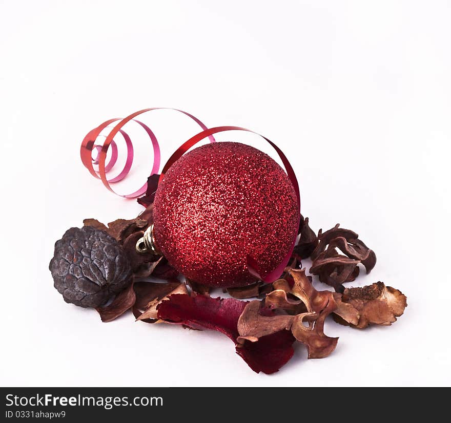 Red christmas balls and paper streamer