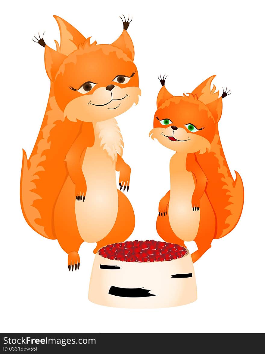 Vector illustration of two squirrels and a basket of birch bark full hearts