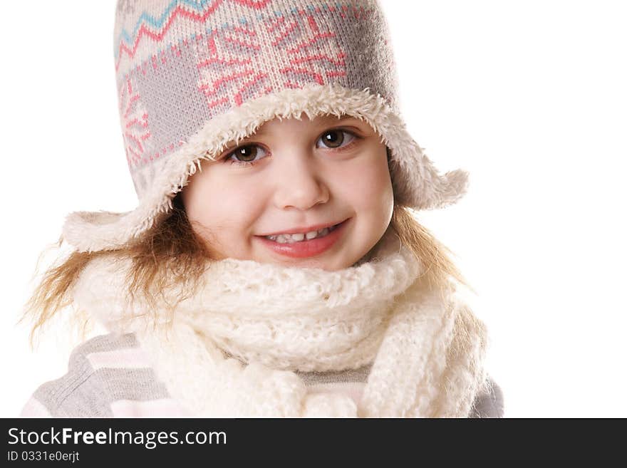 Portrait of smiling little girl in funny hat isolated on white background. Portrait of smiling little girl in funny hat isolated on white background