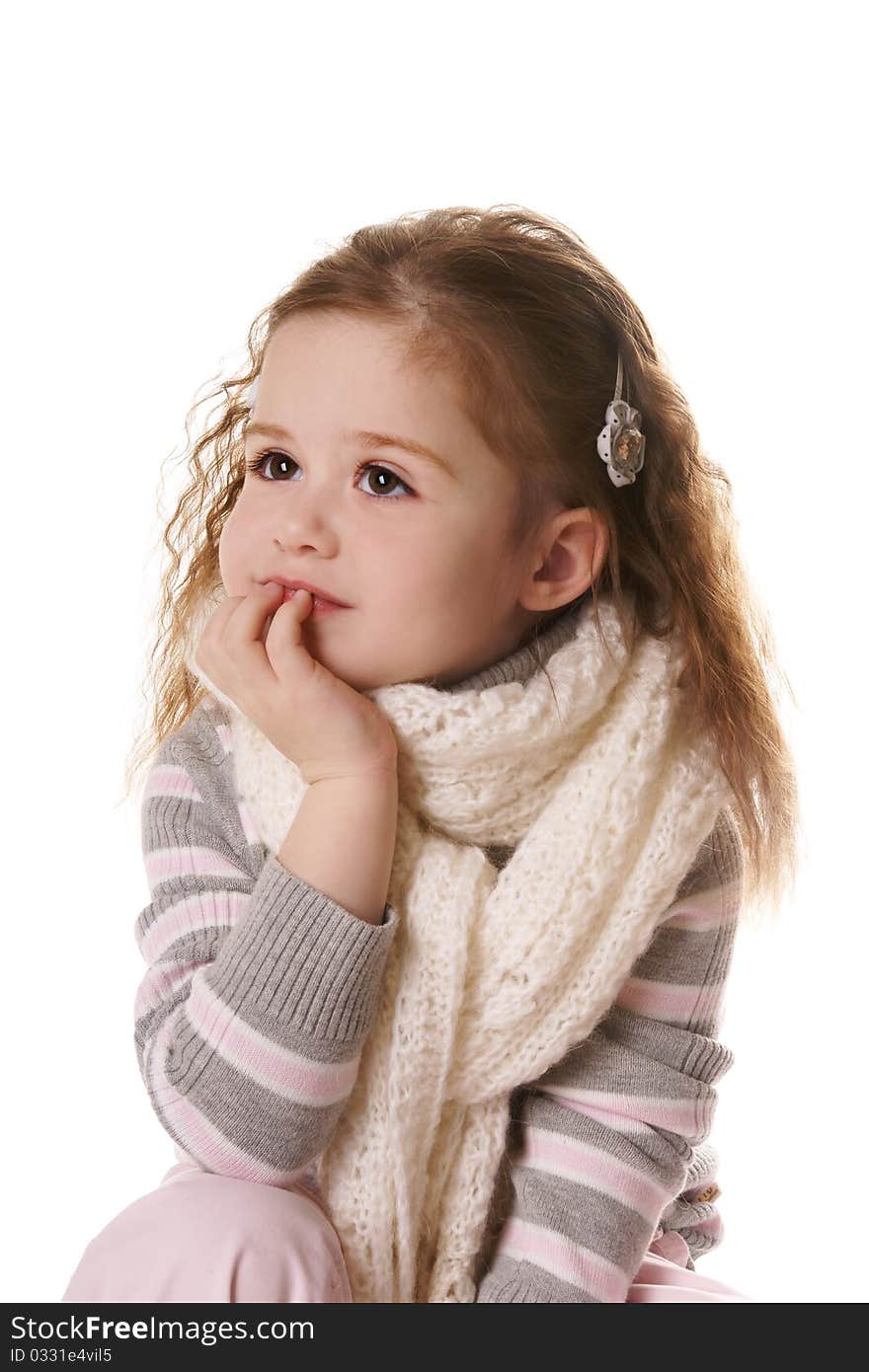 Thoughtful smiling little girl isolated on white background. Thoughtful smiling little girl isolated on white background