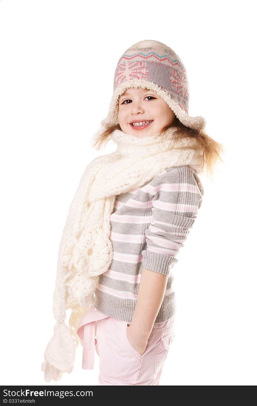 Portrait ofhappy smiling little girl in hat isolated on white background