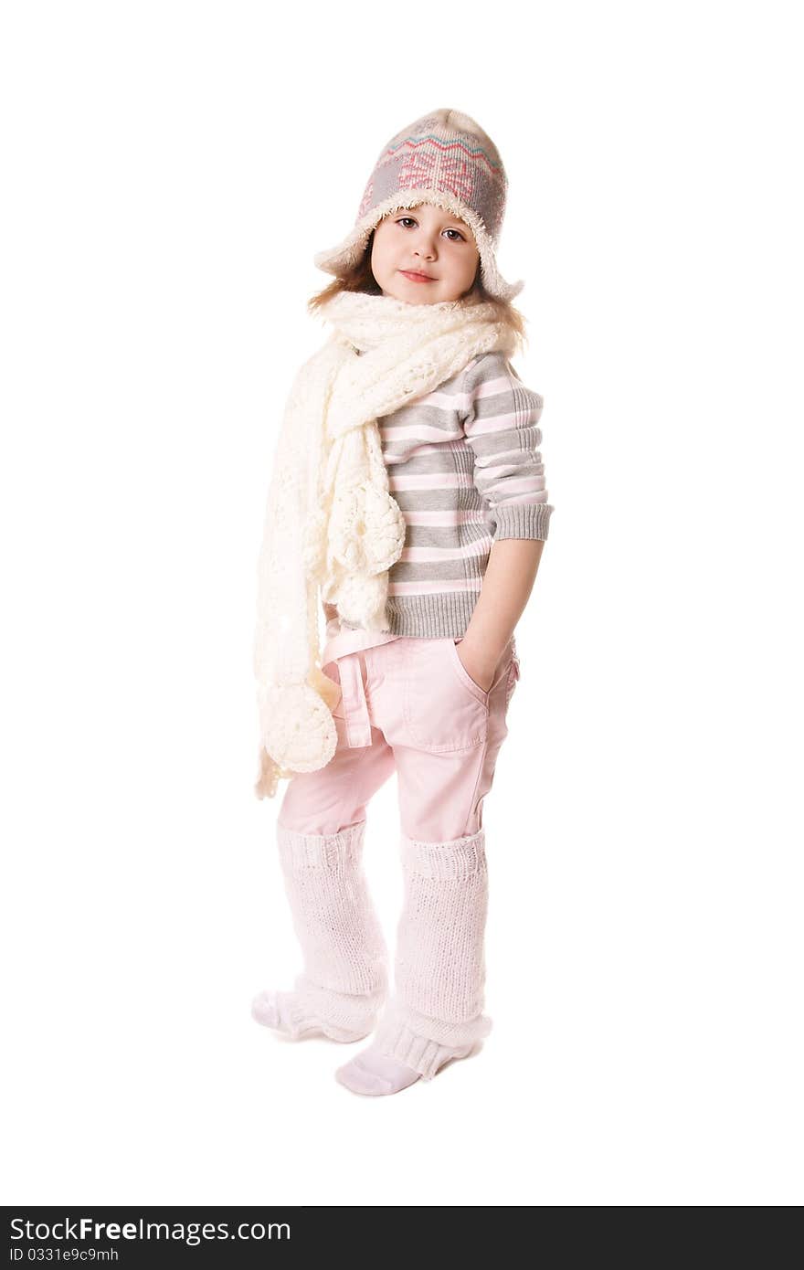 Full-lengh portrait of beautiful smiling little girl on white background