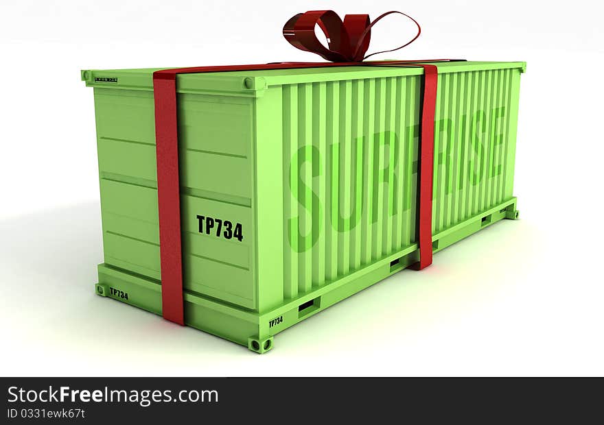 Green cargo container with a red ribbon on a white background. Green cargo container with a red ribbon on a white background