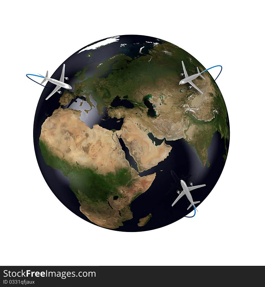 Illustration of globe and planes round it. Illustration of globe and planes round it