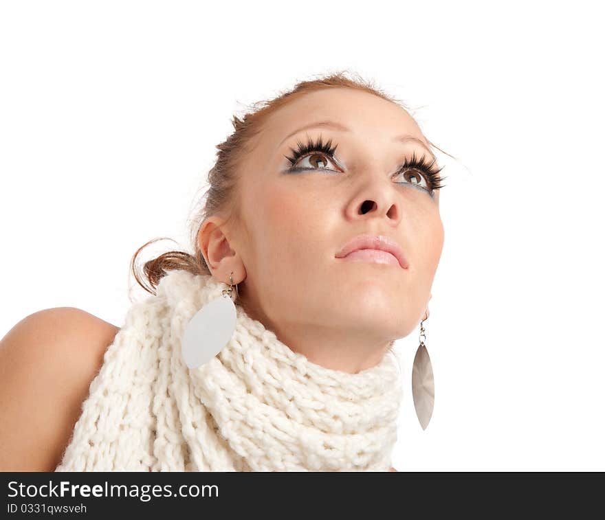 Closeup portrait of beautiful young woman looking up