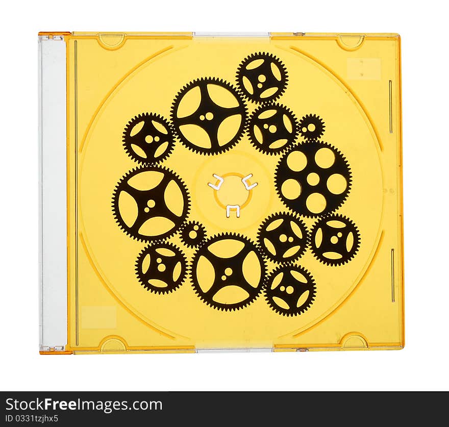 CD case with gears wheels in counterlight