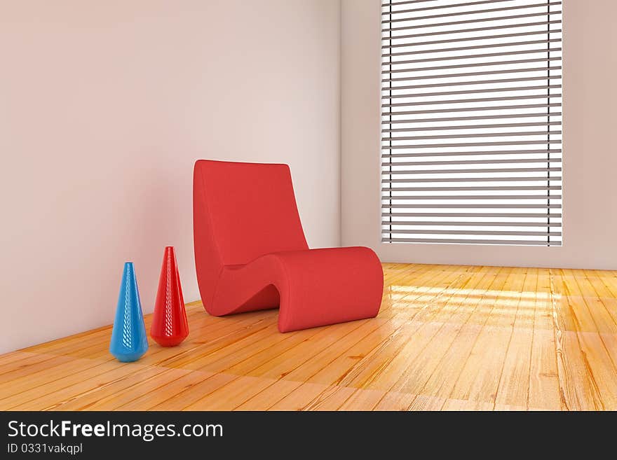 Red modern chair with vase on wooden floor