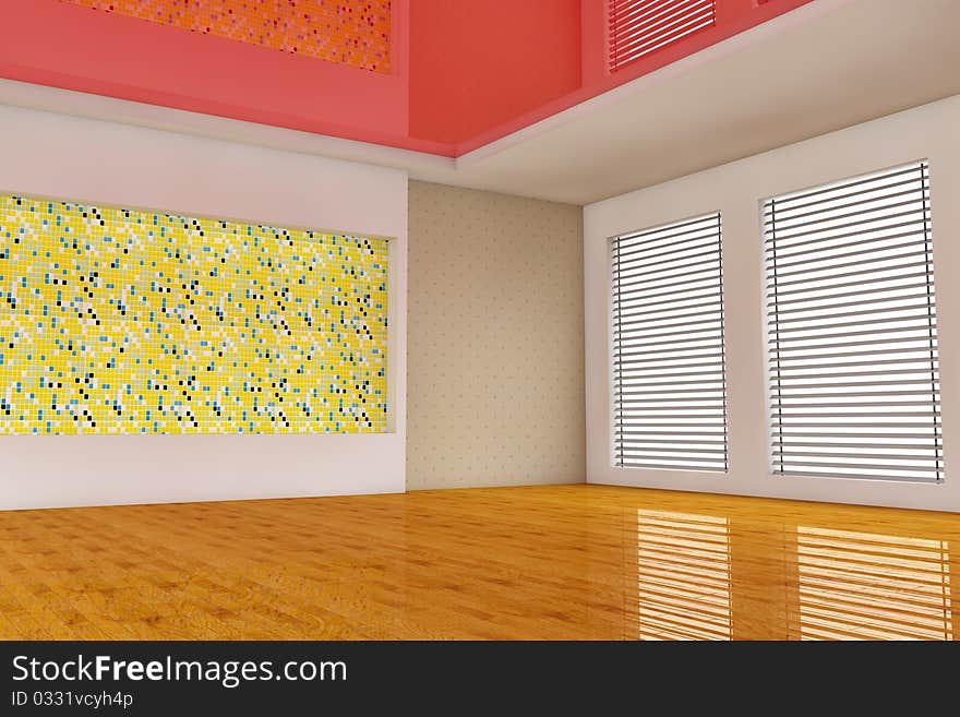 3d rendering red empty room with parquet floor. 3d rendering red empty room with parquet floor