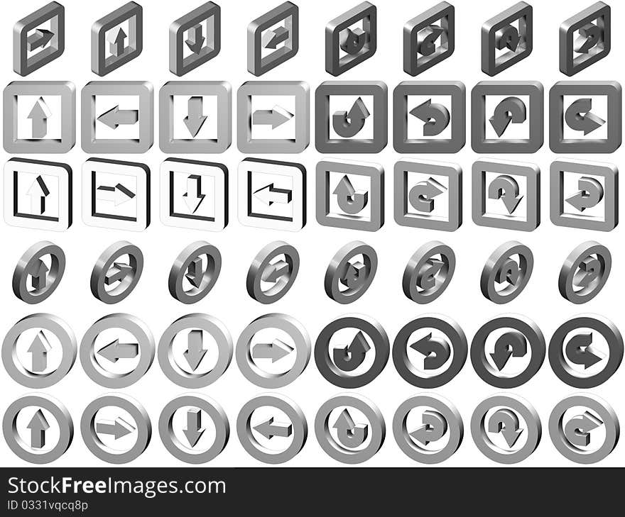 A collection of 3D rendered straight and curved arrows with circle and square borders. A collection of 3D rendered straight and curved arrows with circle and square borders.