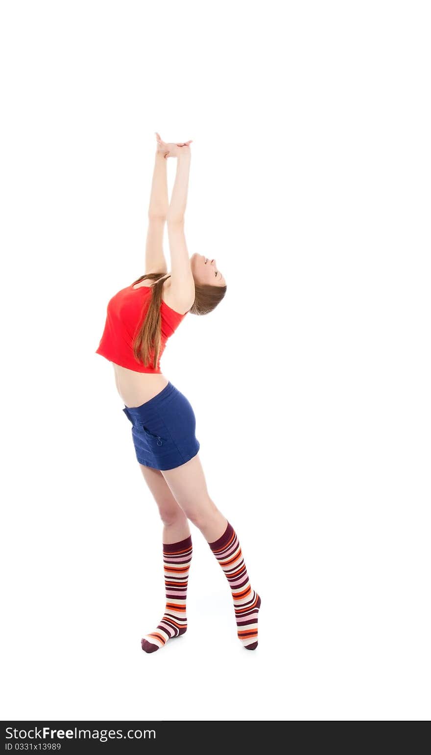 Woman legs in strip sock on white background