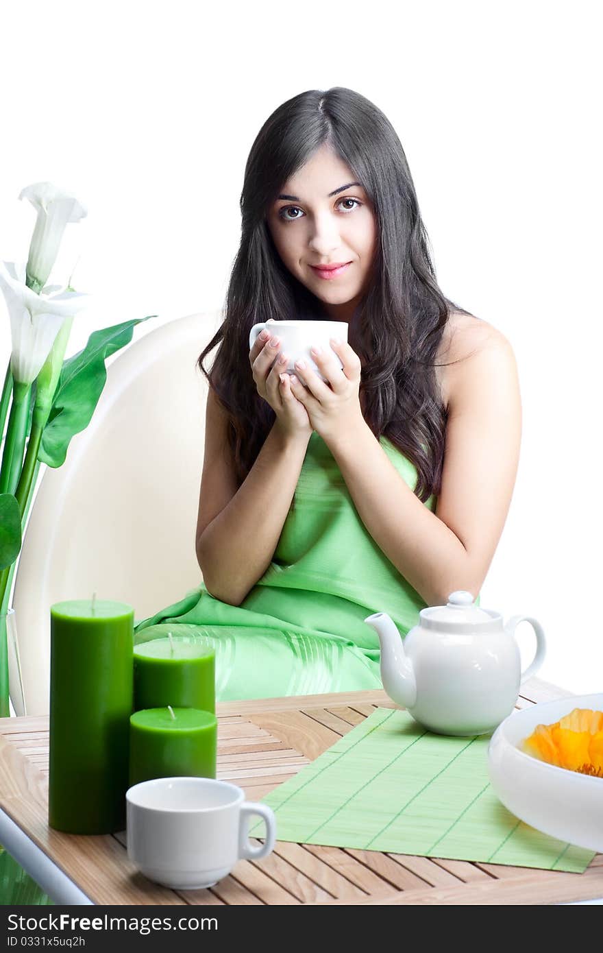 Beautiful woman in cafe over white background. Beautiful woman in cafe over white background