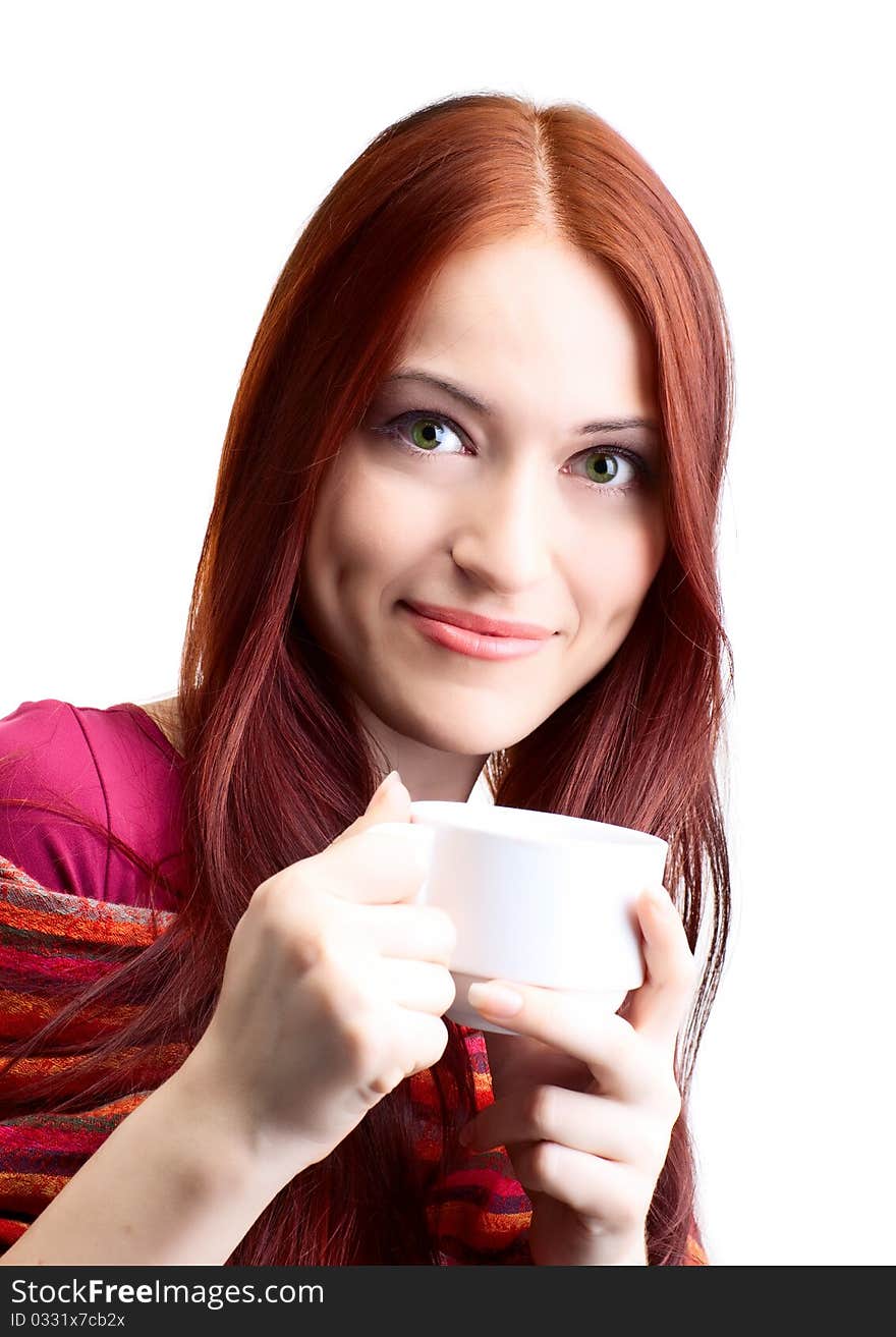 Beautiful woman  in cafe over white background with fair hair