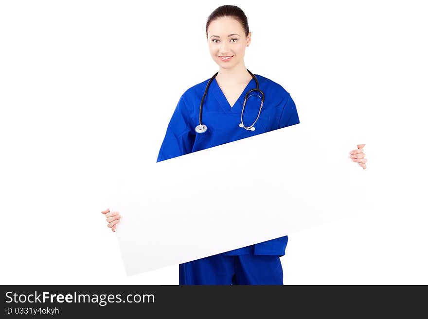 Woman doctor in uniform stay over white background