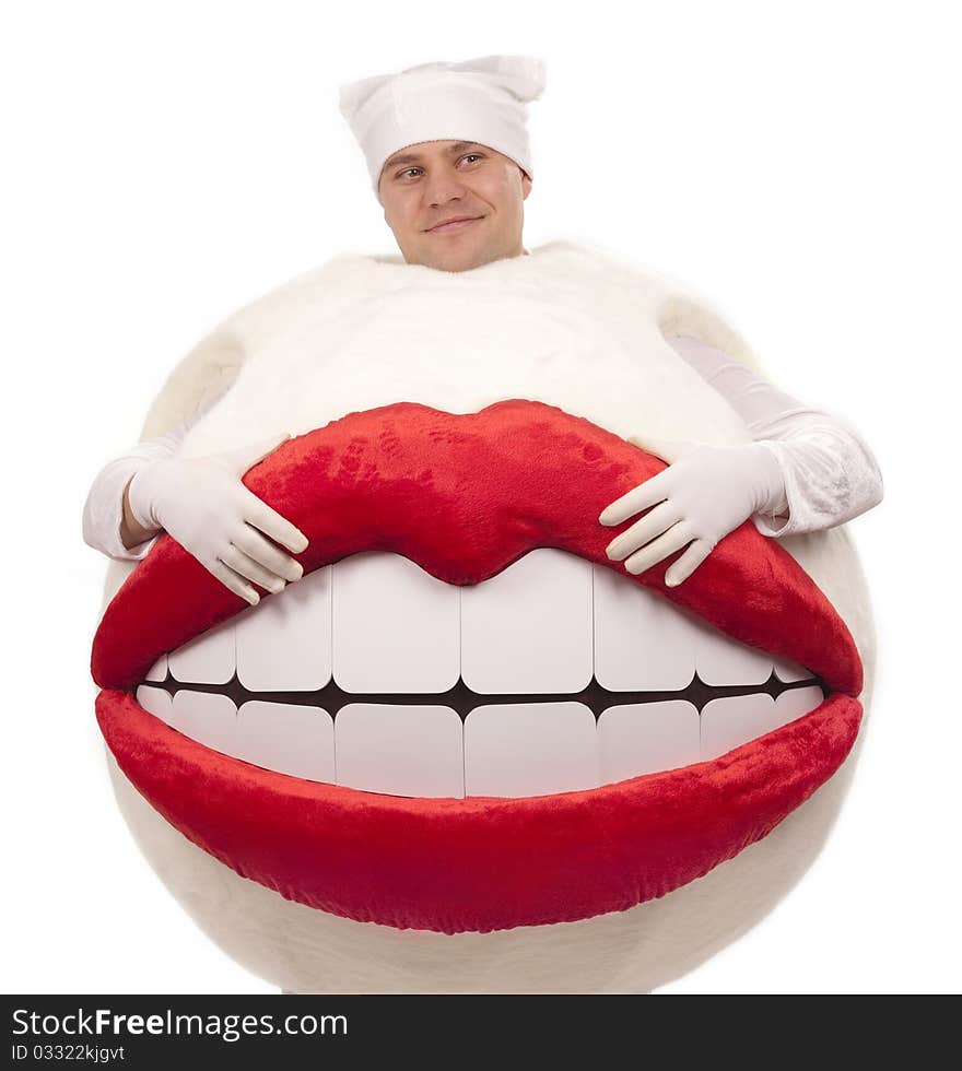 Funny boy in costume "Smile" over white background