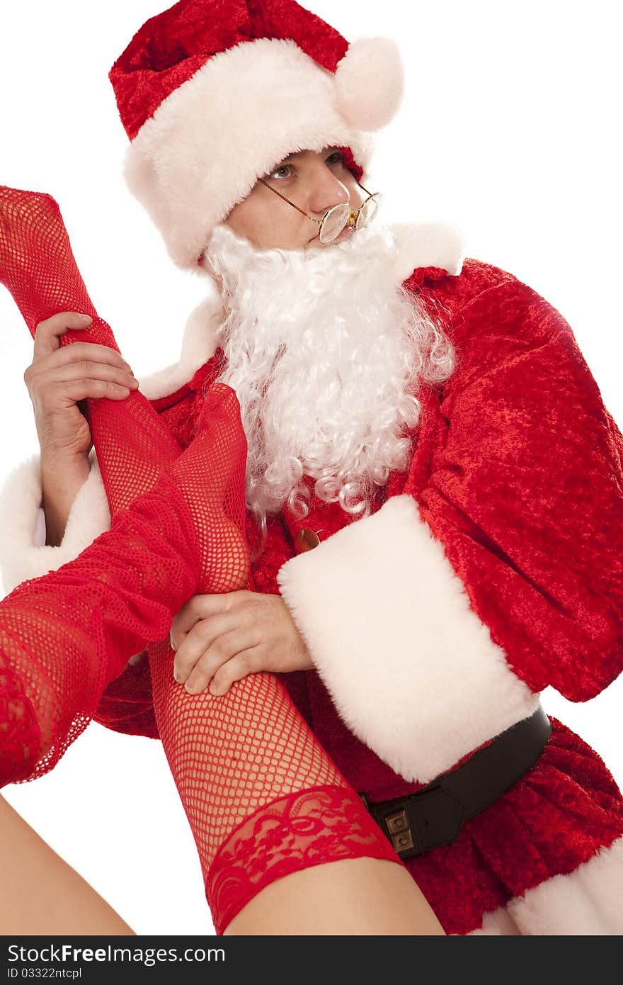 Santa With Female Legs In Red Stockings