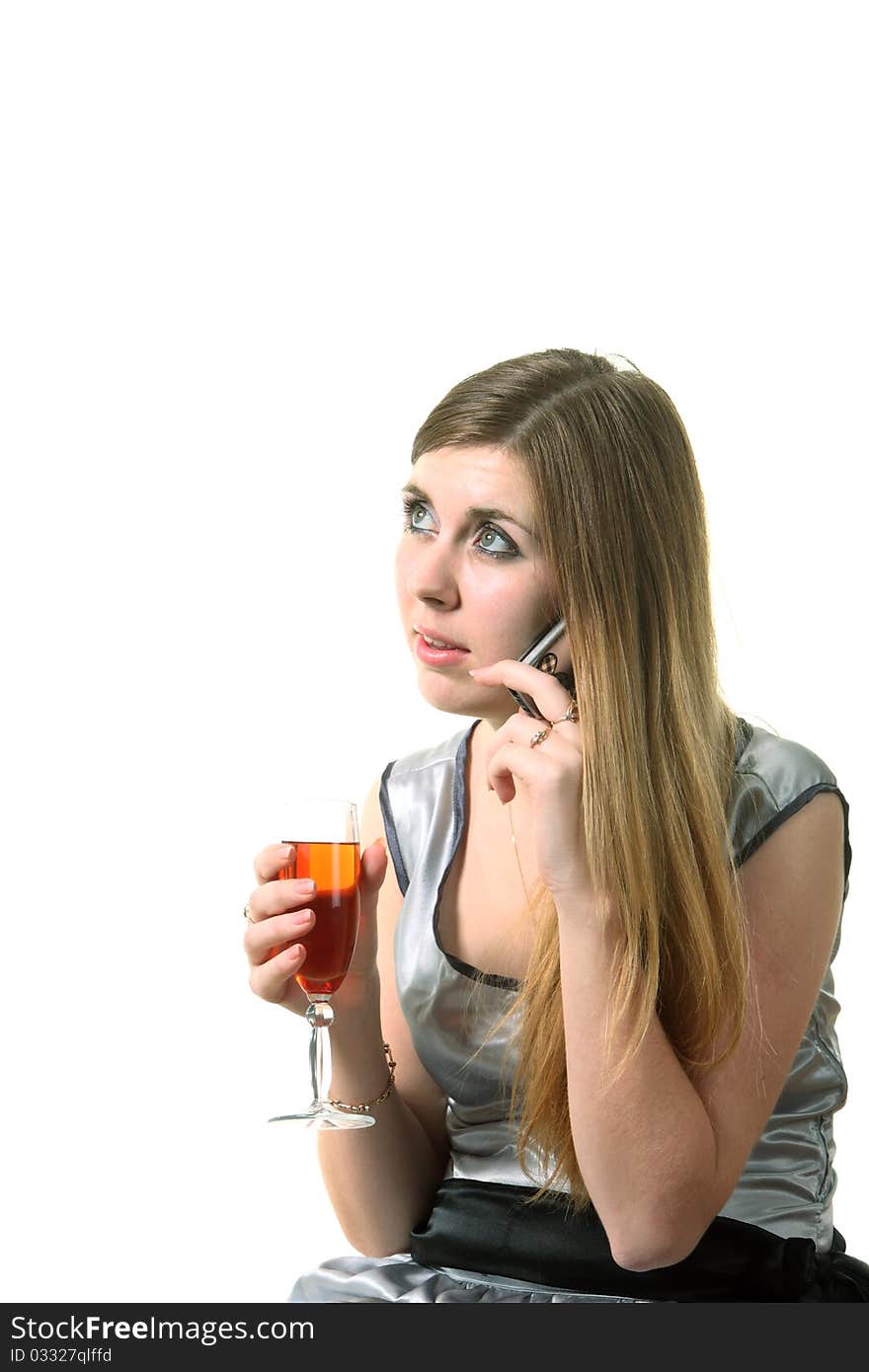 Girl with a glass of wine and phone. Girl with a glass of wine and phone