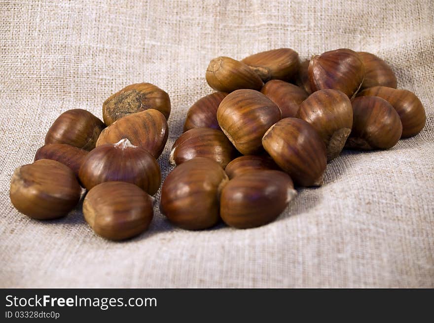 Brown chestnuts on white cackloth. Brown chestnuts on white cackloth