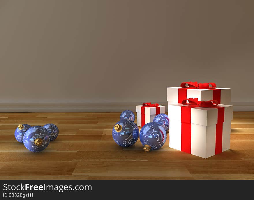 Presents and Christmas balls still life 3d rendering. Presents and Christmas balls still life 3d rendering