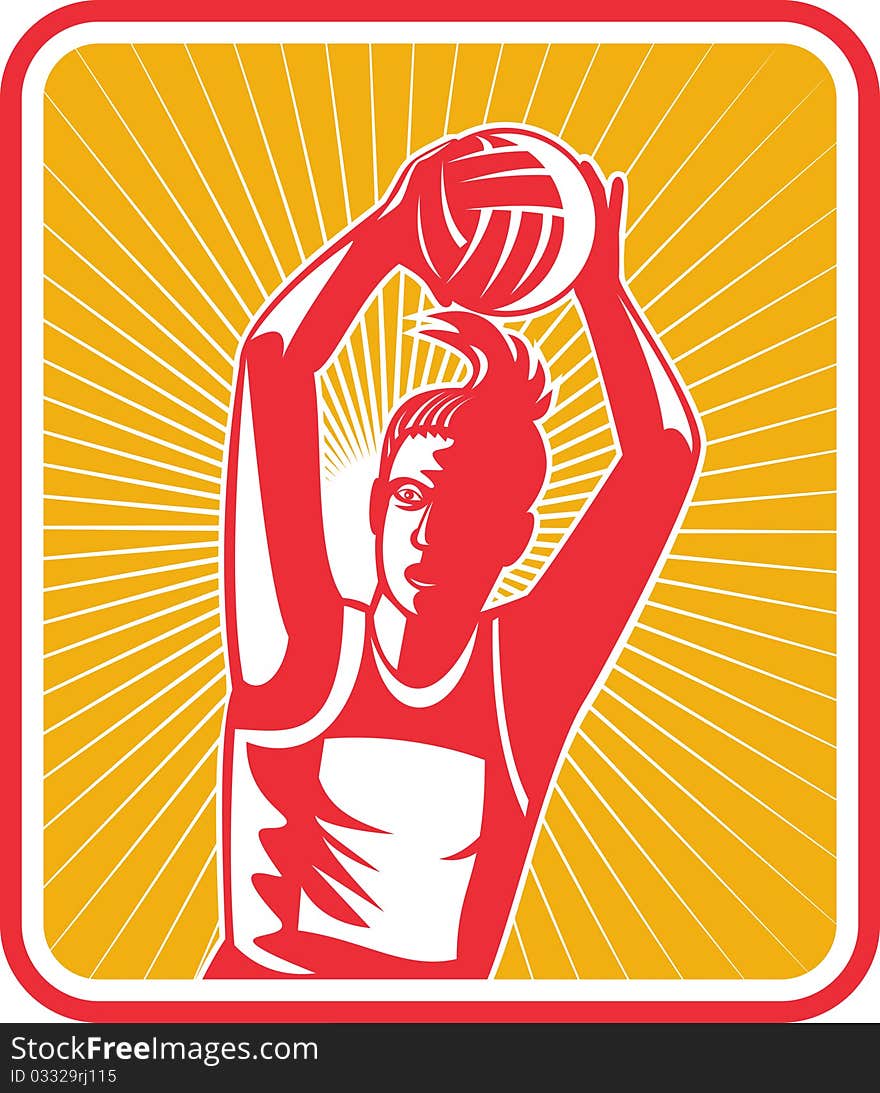 Illustration of a netball player ready to pass ball with shield or triangle in the background. Illustration of a netball player ready to pass ball with shield or triangle in the background