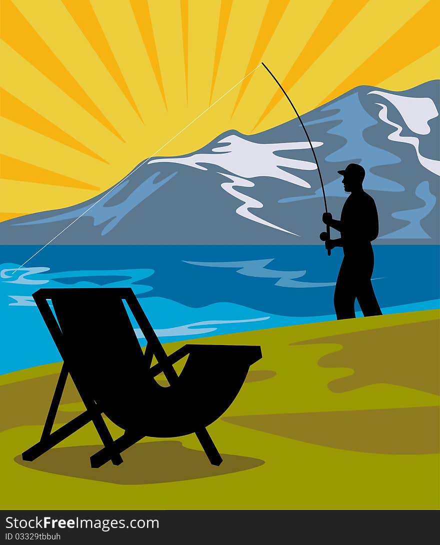 Illustration of a Fly fisherman fishing with fly rod and reel with lake and mountains and sunburst in background and folding chair in the foreground done in retro style. Illustration of a Fly fisherman fishing with fly rod and reel with lake and mountains and sunburst in background and folding chair in the foreground done in retro style