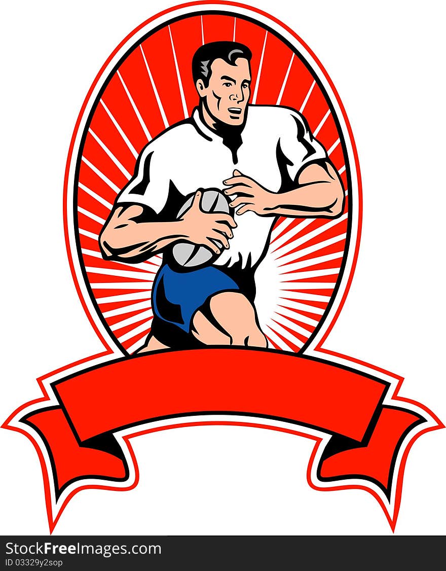 Illustration of a rugby player running with ball set inside oval with scroll ribbon.