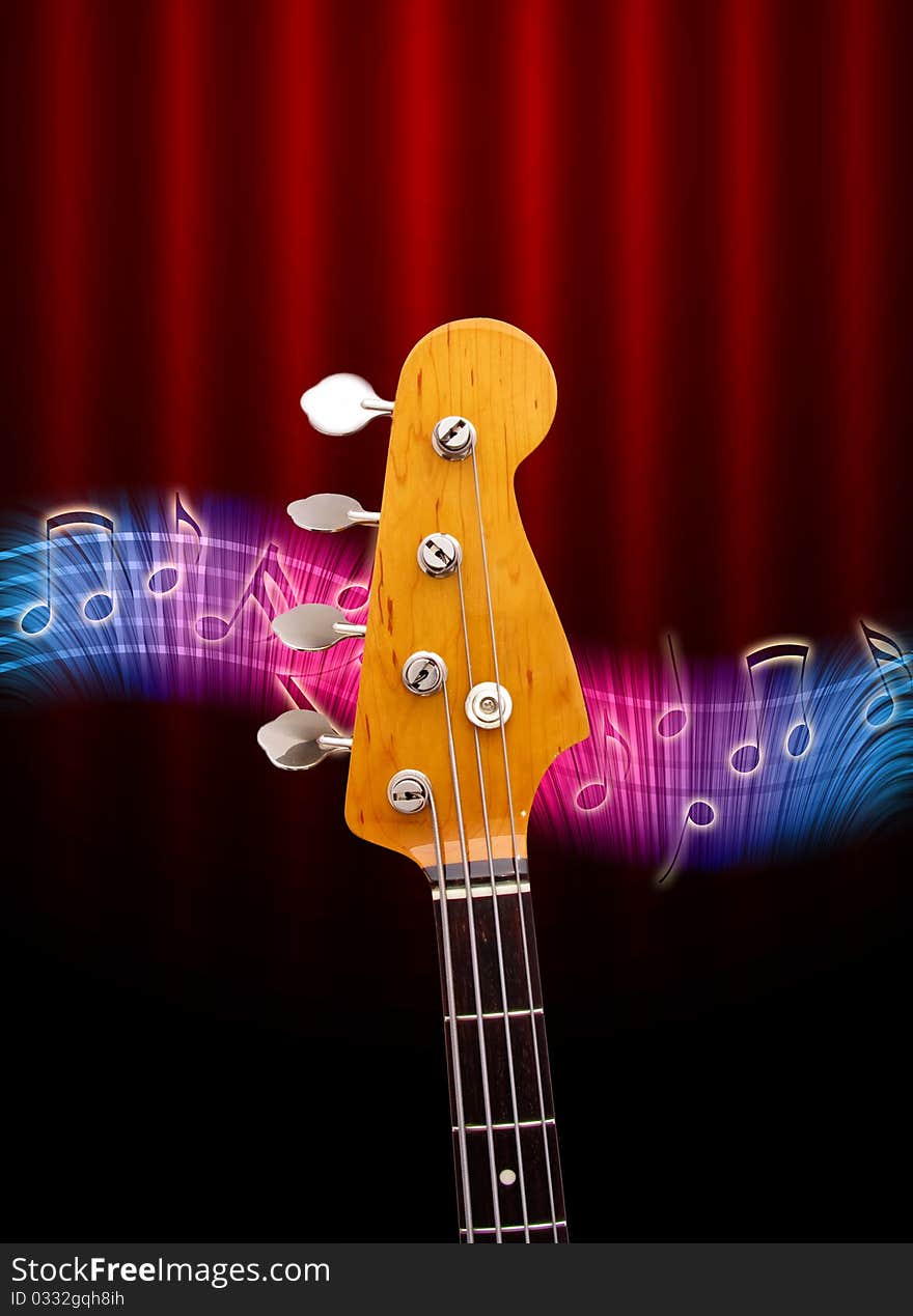 A bass guitar head and music notes on a dark red background