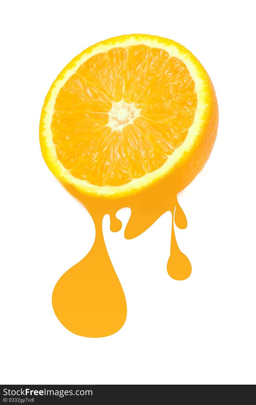 A half of orange with juice drops isolated on a white background. A half of orange with juice drops isolated on a white background