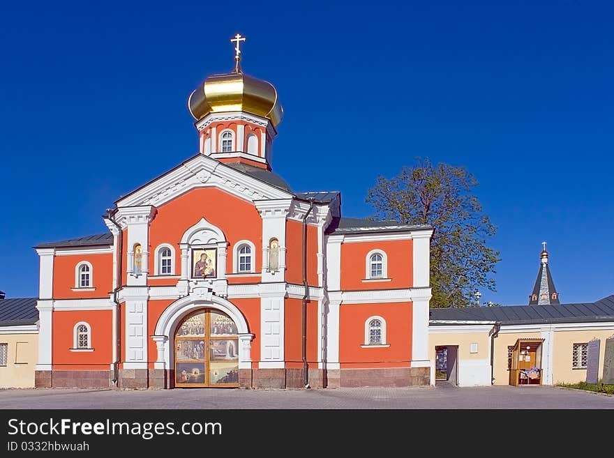 View of church and entrance to Iversky Monastery, Russia.