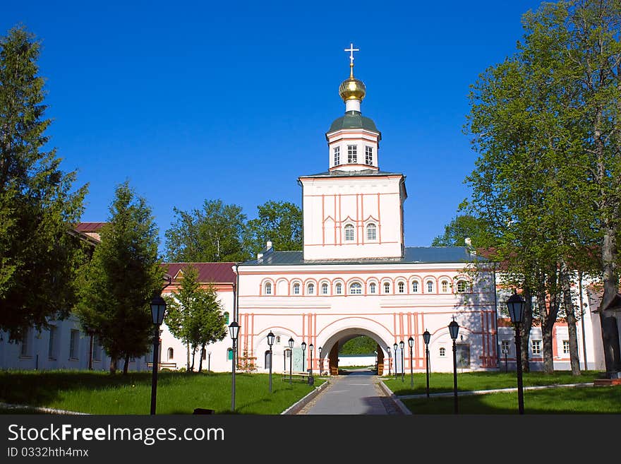 View of church and entrance to Iversky Monastery, Russia.