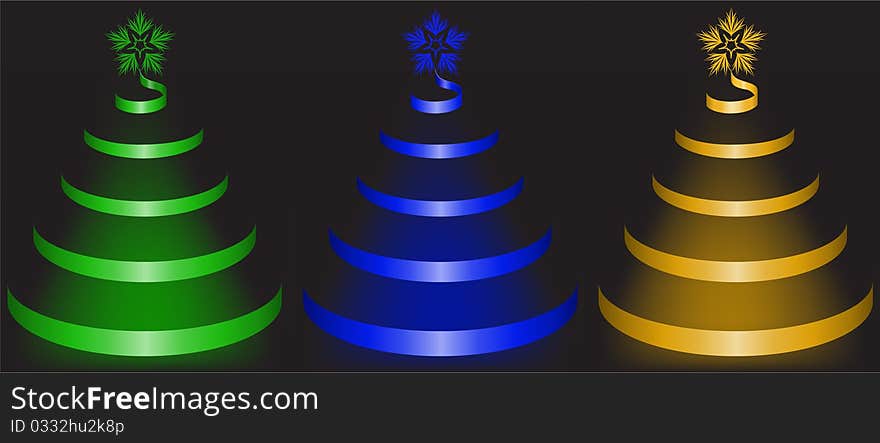 Set of colored trees of brilliant bands on a black background. Set of colored trees of brilliant bands on a black background