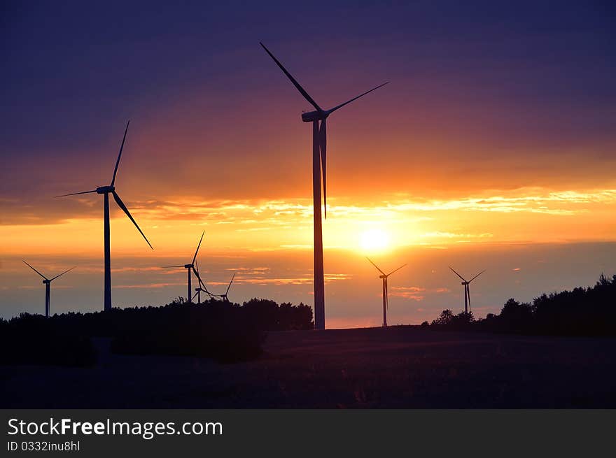 Wind Turbines During Beautiful Sunset