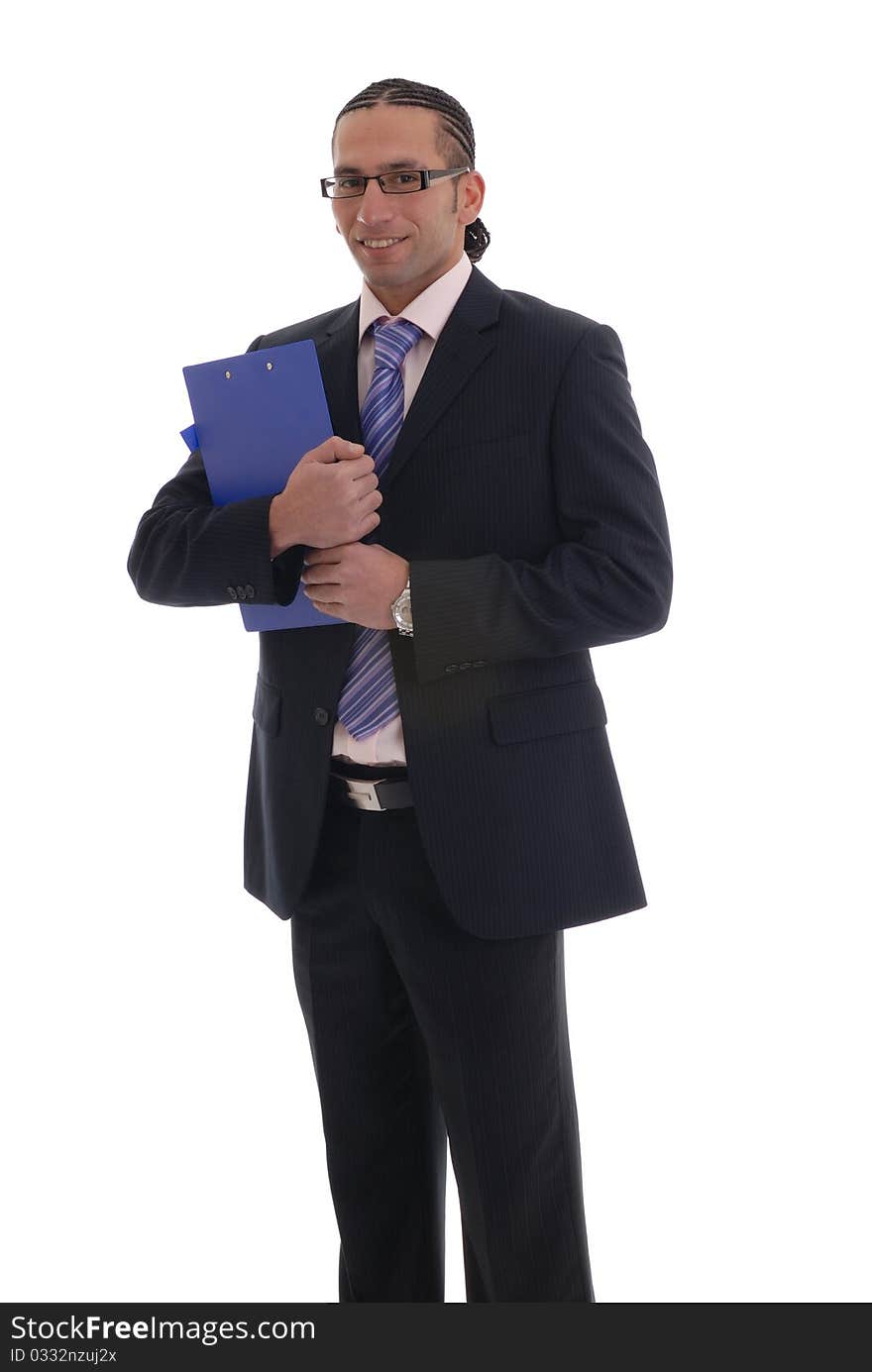 Photograph showing young business man isolated against white holding folder