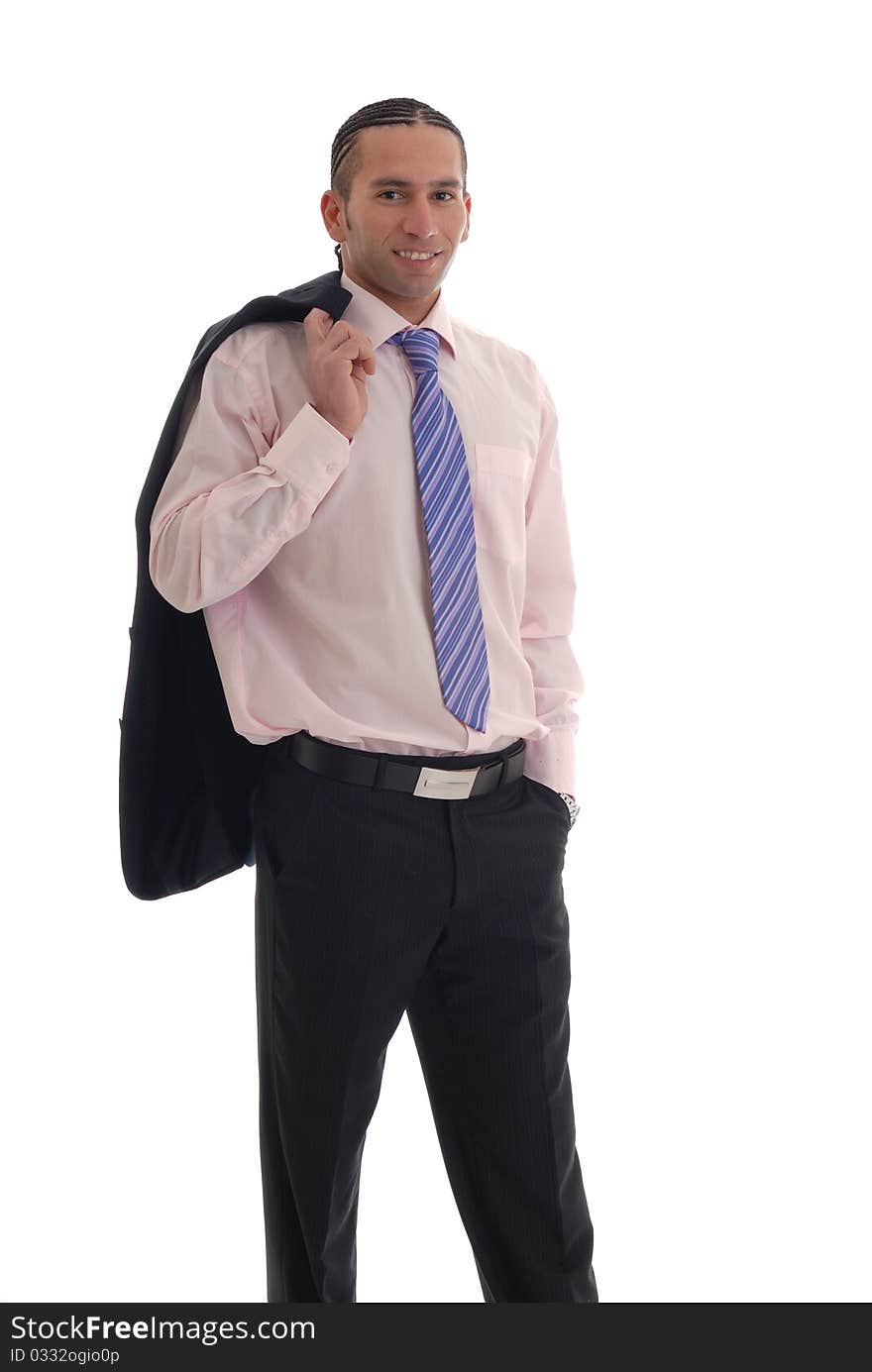 Photograph showing young business man isolated against white relaxing in shirt and tie