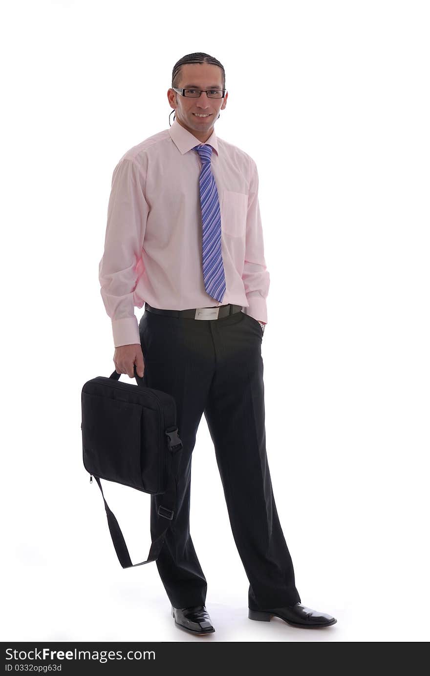 Photograph showing young business man isolated against white carrying a laptop case