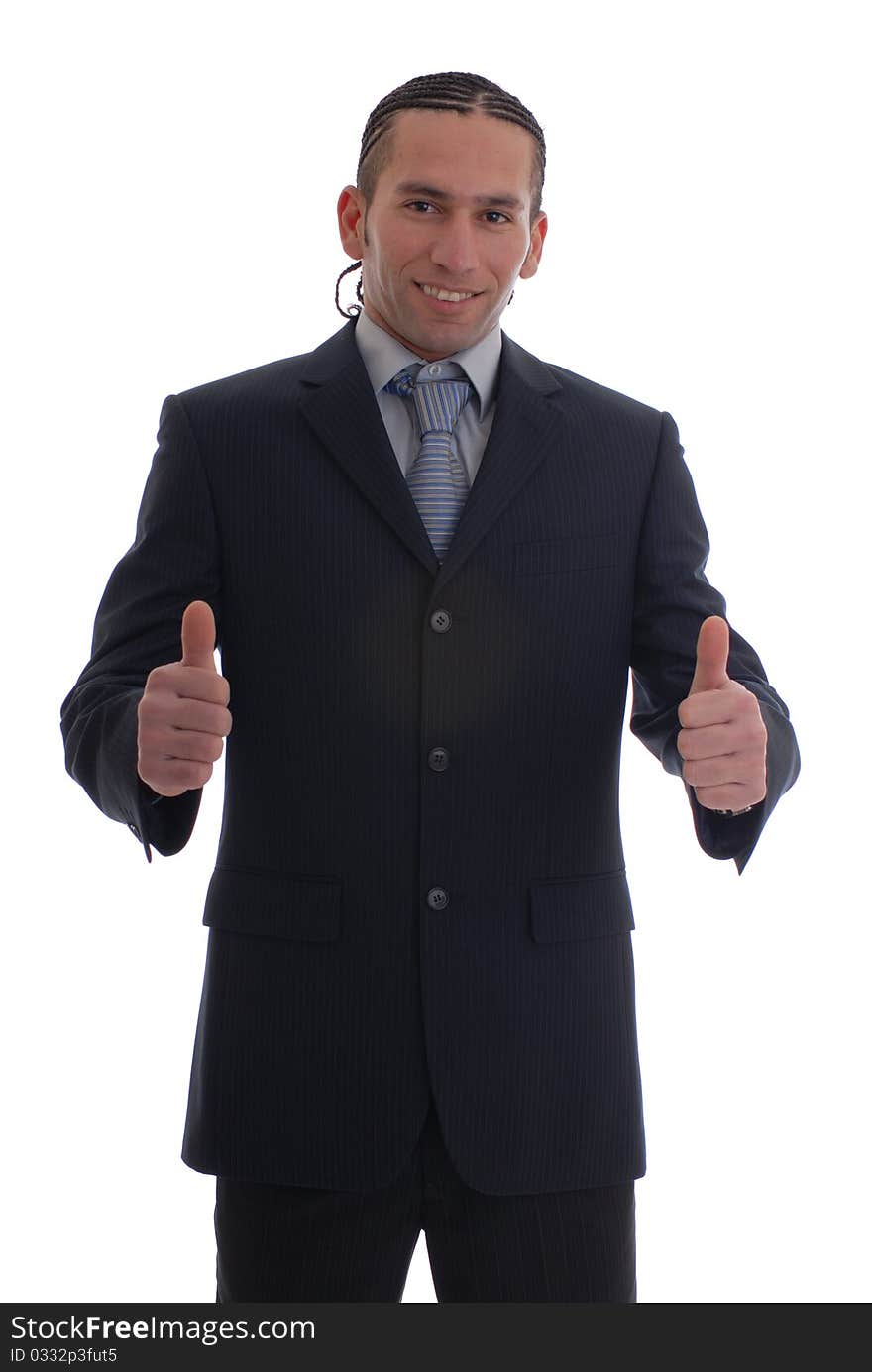 Photograph showing young business man isolated against white with thumbs up