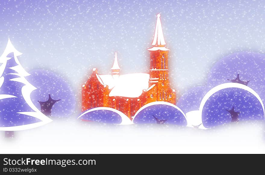 Winter day, snowfall with castle and stylized trees. Winter day, snowfall with castle and stylized trees