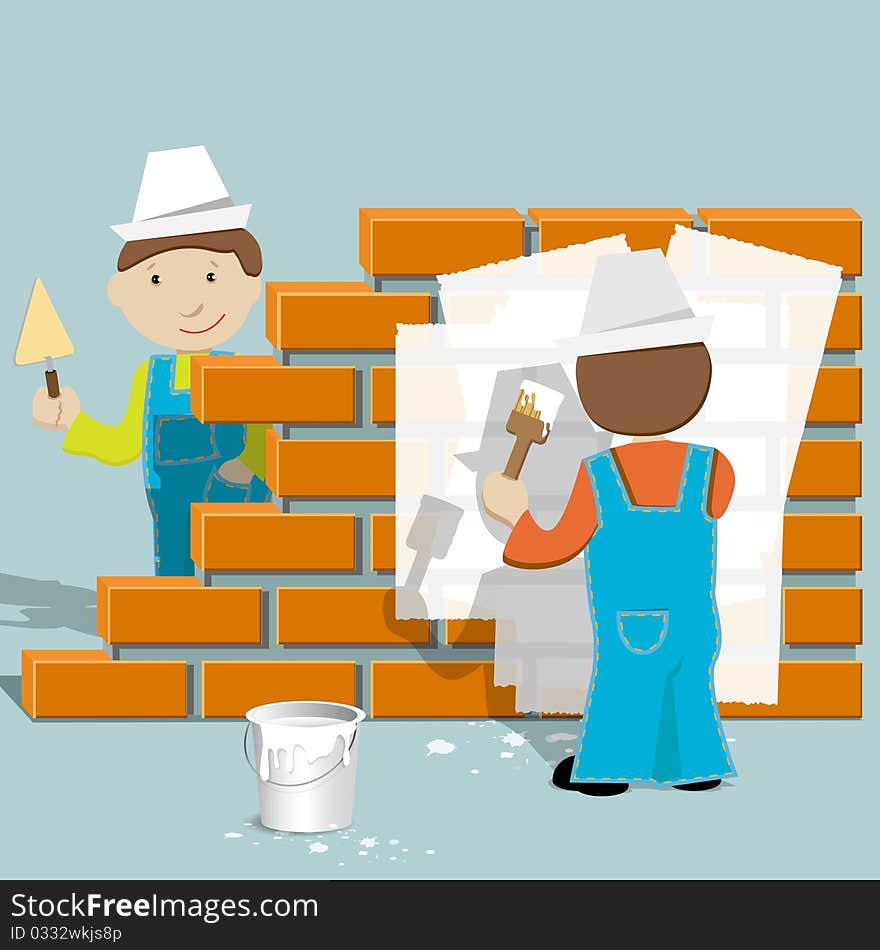 Illustration, two workers on construction site beside brick wall. Illustration, two workers on construction site beside brick wall