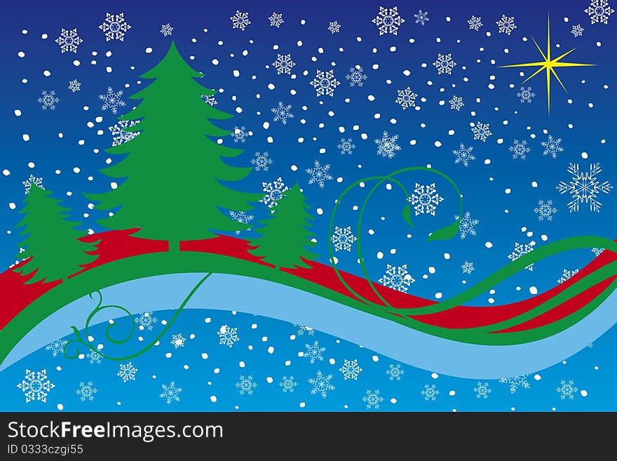 Christmas night with trees on a gradient background of stars and snowflakes. Christmas night with trees on a gradient background of stars and snowflakes